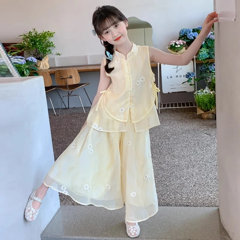 女童新中式套装2025夏季新款国风无袖上衣背心花朵儿童薄纱裙裤潮