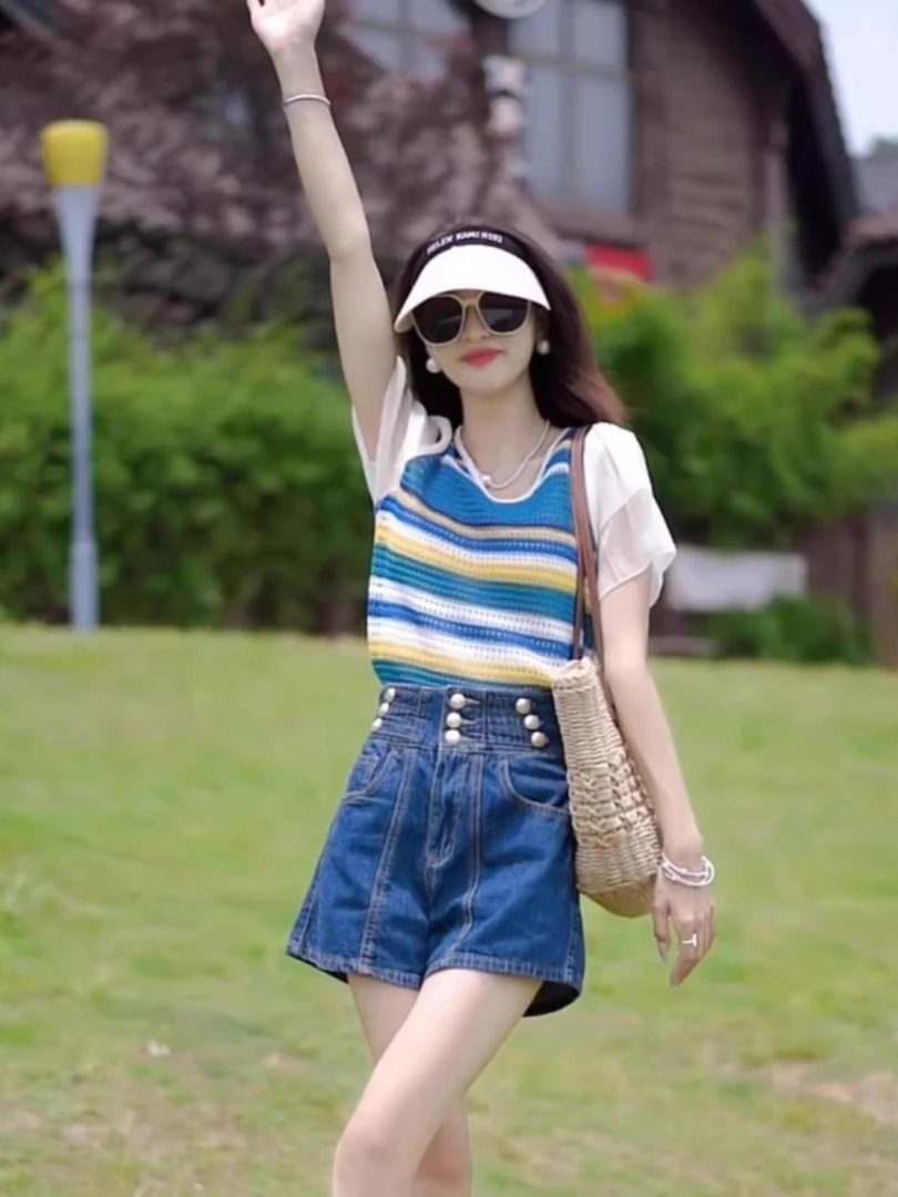 8119-30夏季时尚条纹撞色针织上衣拼接蕾丝袖减龄显瘦