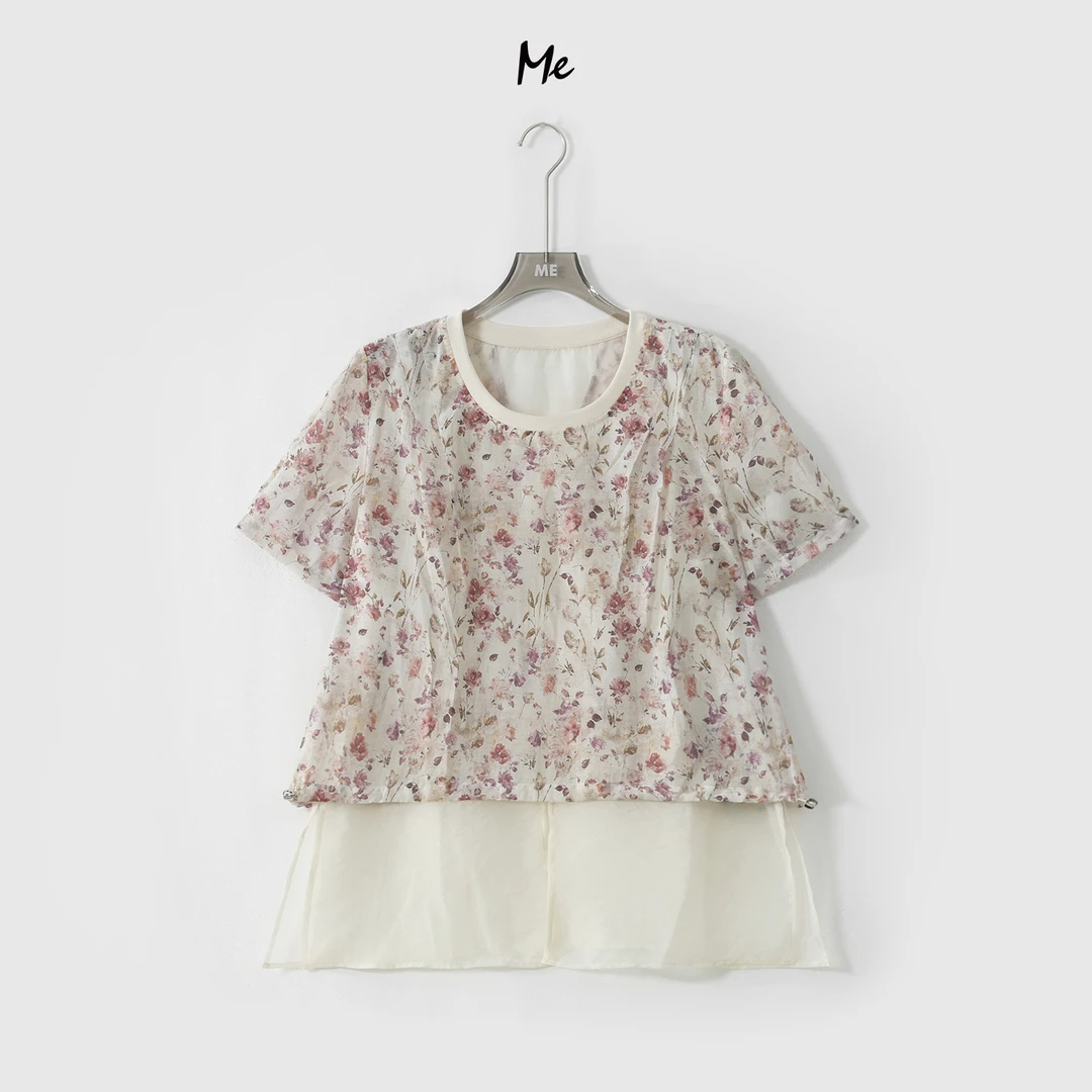 ME【落日玫瑰】天丝混纺假两件印花显瘦时尚百搭休闲上衣MESS6206