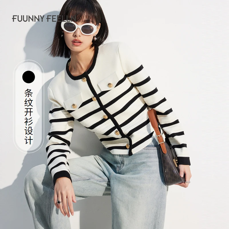FF||仿佛2024年春季针织衫女条纹开衫上衣羊毛混纺FZ01212