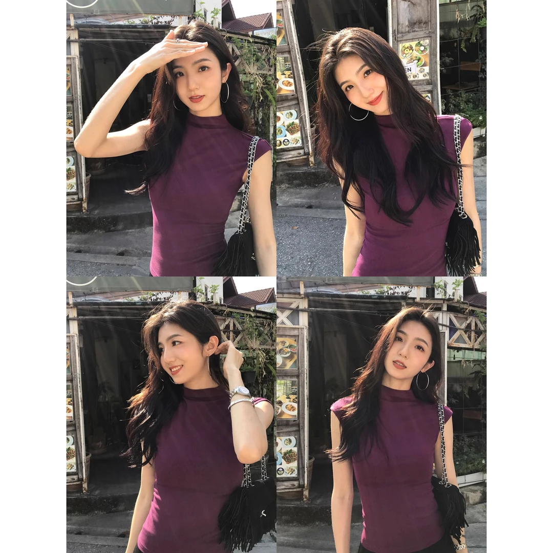 戳心斩腰设计感小飞袖紫色上衣女修身半高领背心针织短袖t恤夏季