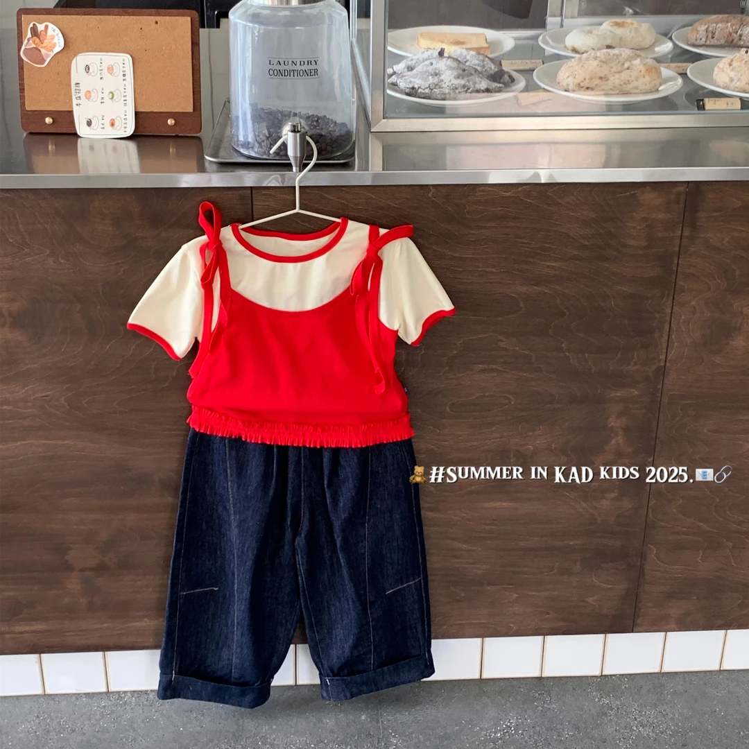 【断码清仓】K5078-拼色假两件T恤+K5043-墨蓝牛仔九分裤