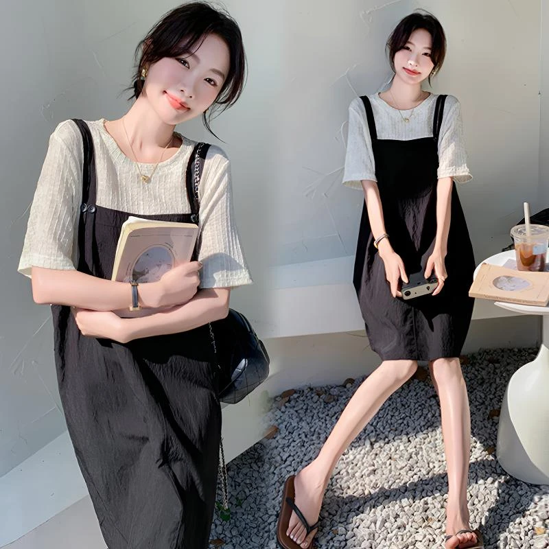 孕妇裙网红设计感拼接气质假两件裙韩版宽松显瘦洋气时尚外穿大码