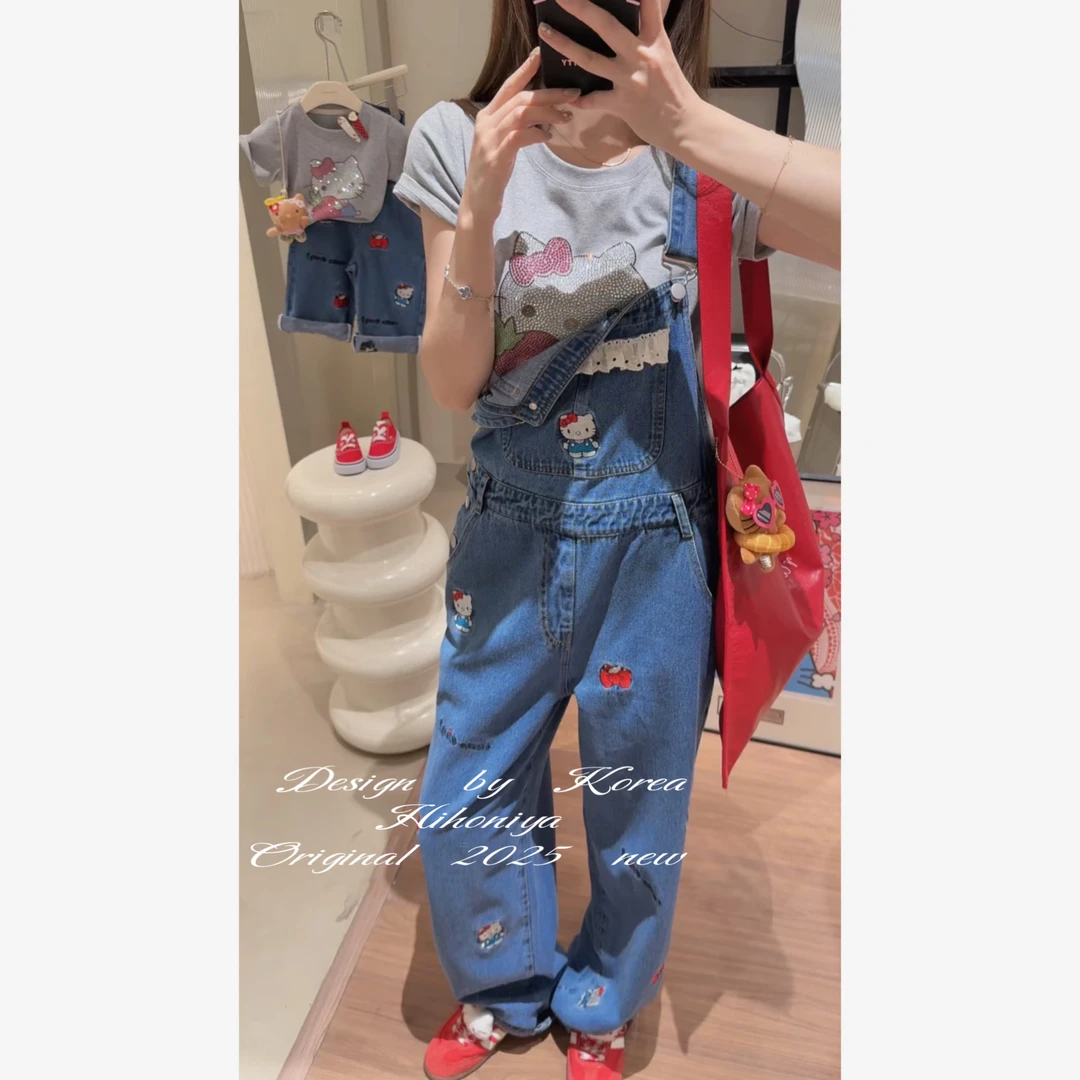 【可爱晕了】六Hihoniya~2025春季欧若风亲子刺绣Kitty韩版背带裤