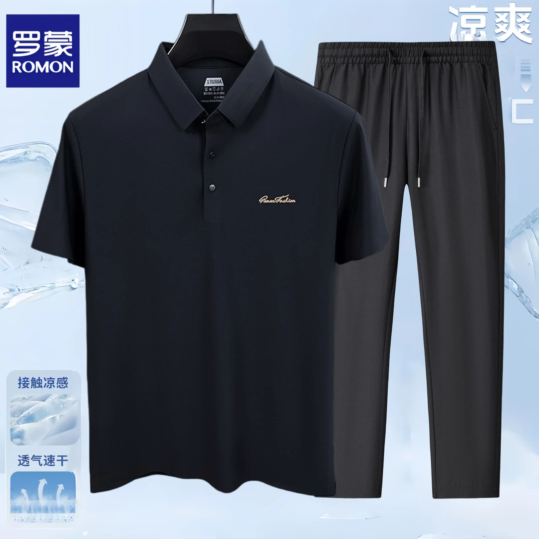 【冰丝套装】罗蒙中老年休闲短袖POLO衫男爸爸装冰丝裤父亲节礼物商品图