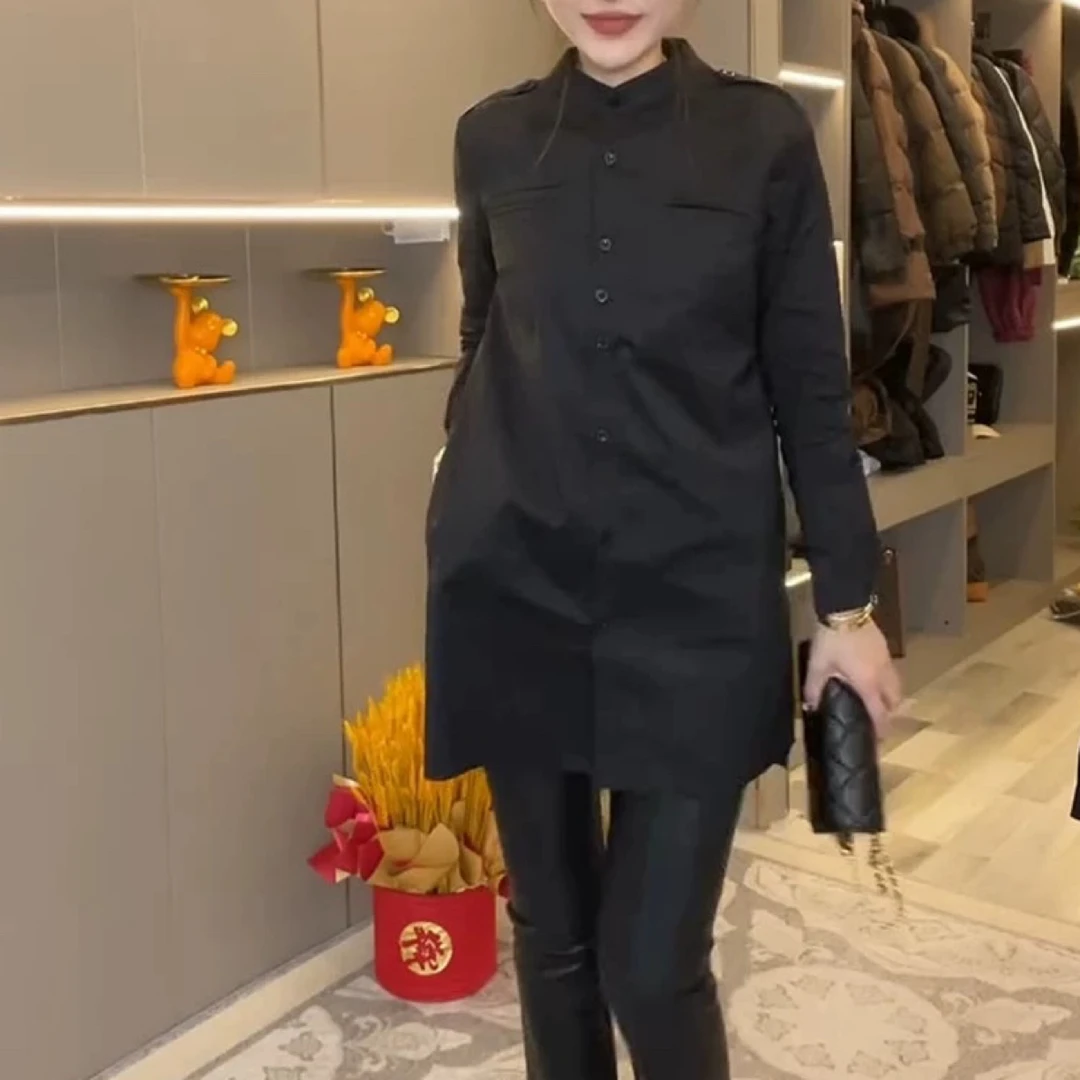 799中长版纯色衬衫女士新款立领韩版侧开叉设计感长袖衬衣