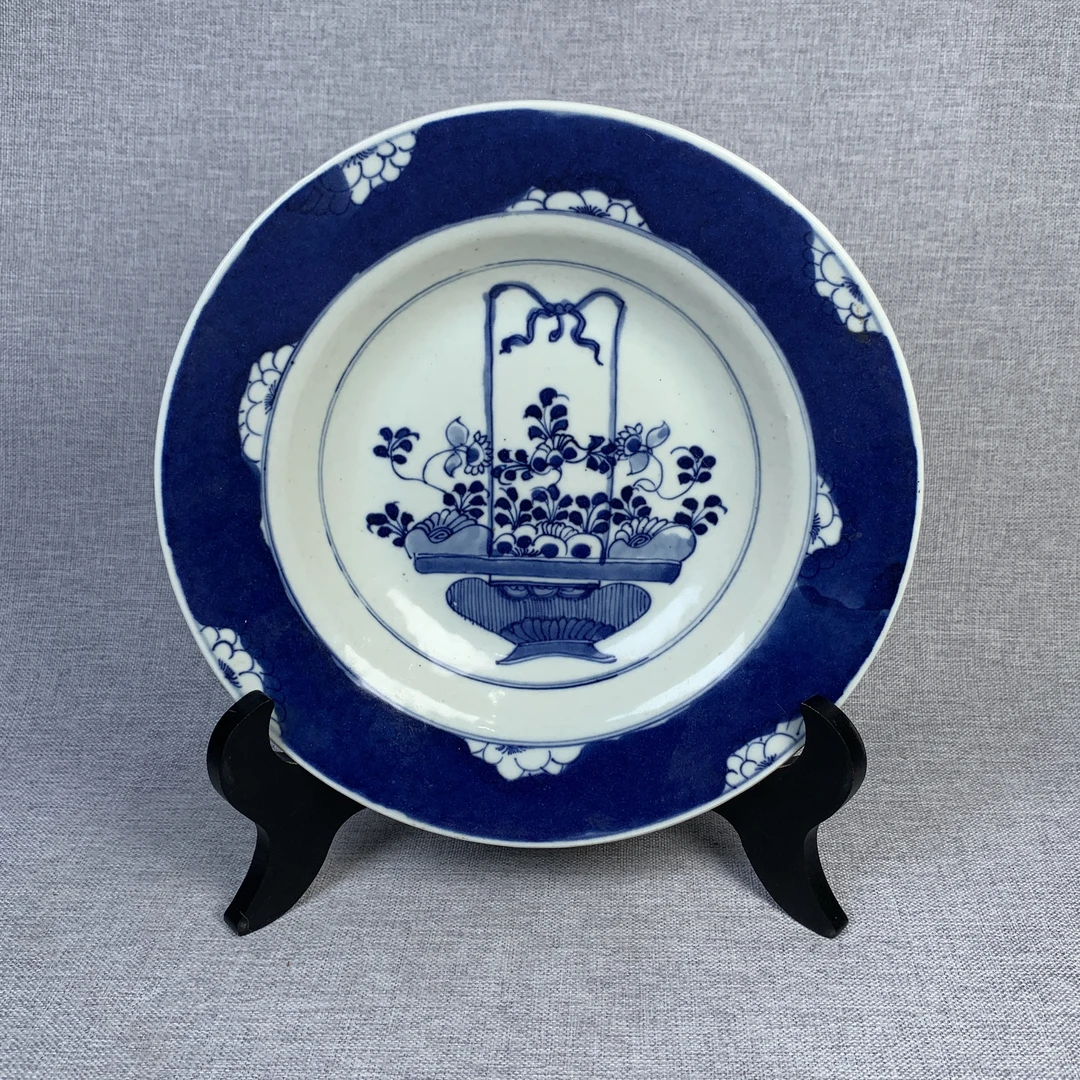 清代青花提篮花卉盘古瓷器真品国营镇江市文物商店库出3068092