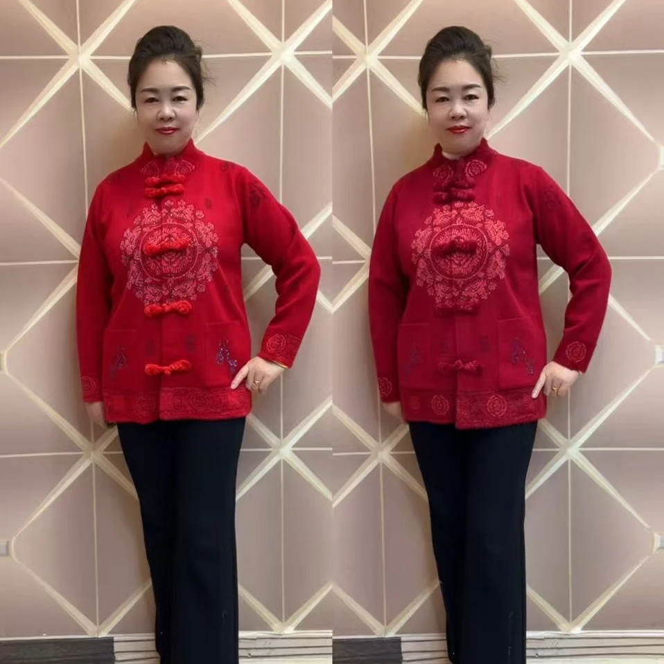 中老年妈妈秋冬新款红色喜庆唐装针织开衫