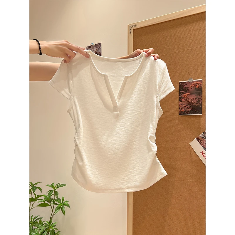 夏季纯欲白色正肩短袖t恤女露锁骨小飞袖褶皱收腰短款显瘦v领上衣