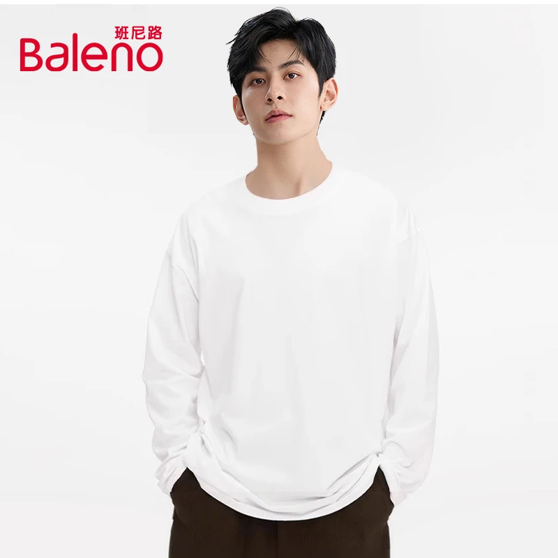 班尼路长袖t恤男春秋季美式重磅复古宽松打底衫休闲百搭白色上衣X