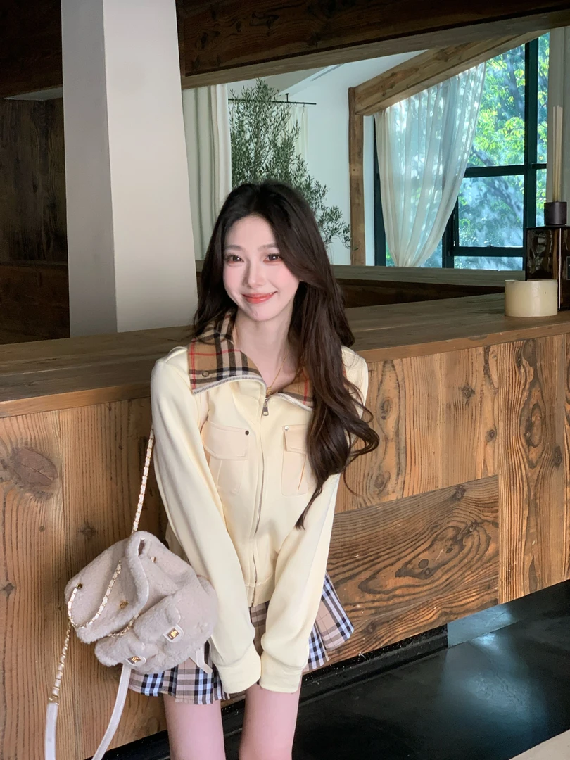 【格纹旧刊】韩系学院拉链开衫格子裙裤新款洋气休闲卫衣套装-5101