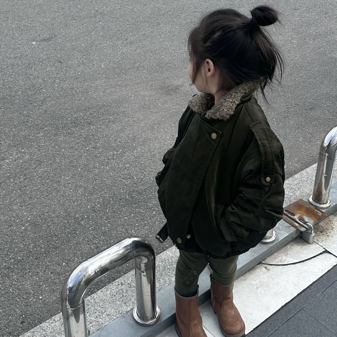 甜小七女童2025冬季美式复古美式夹克外套加绒打底裤套装