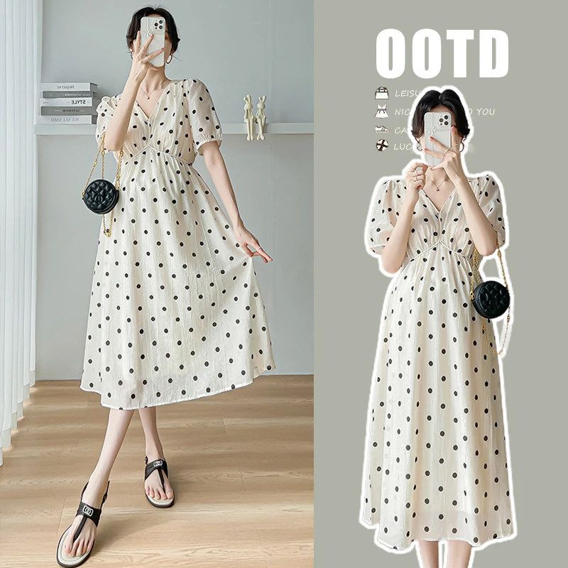 孕妇夏季时尚气质波点连衣裙V领法式简约显瘦复古泡泡袖连衣裙