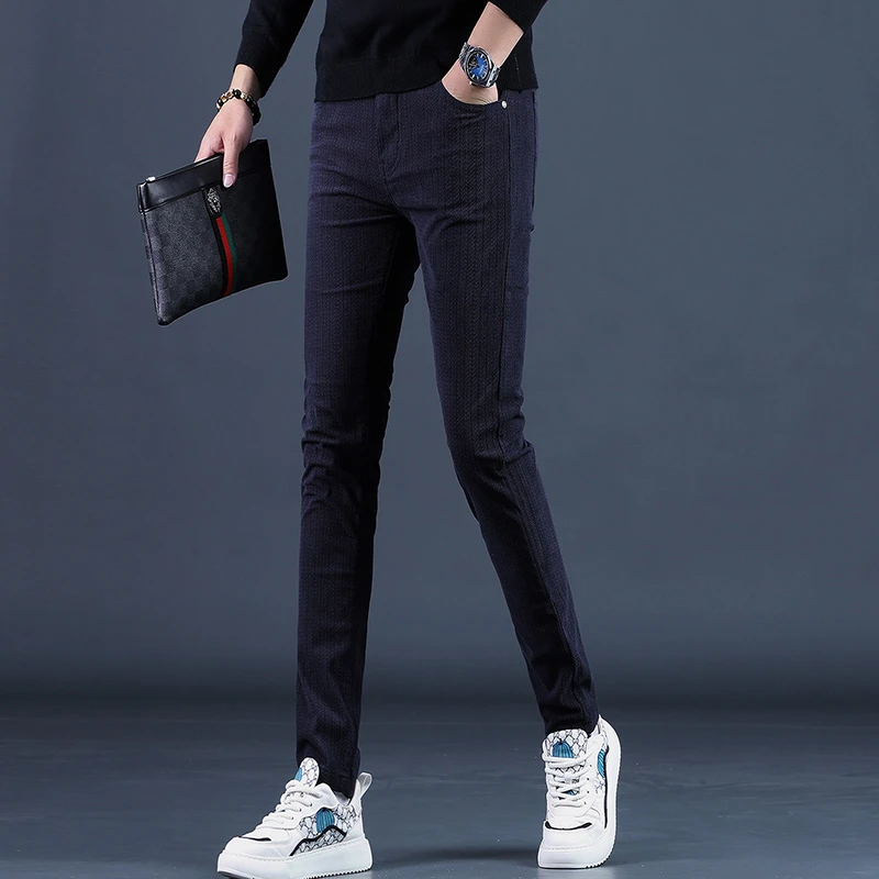 秋季休闲裤男修身男裤冬季2025新款藏青色加绒灯芯绒裤子男士长裤