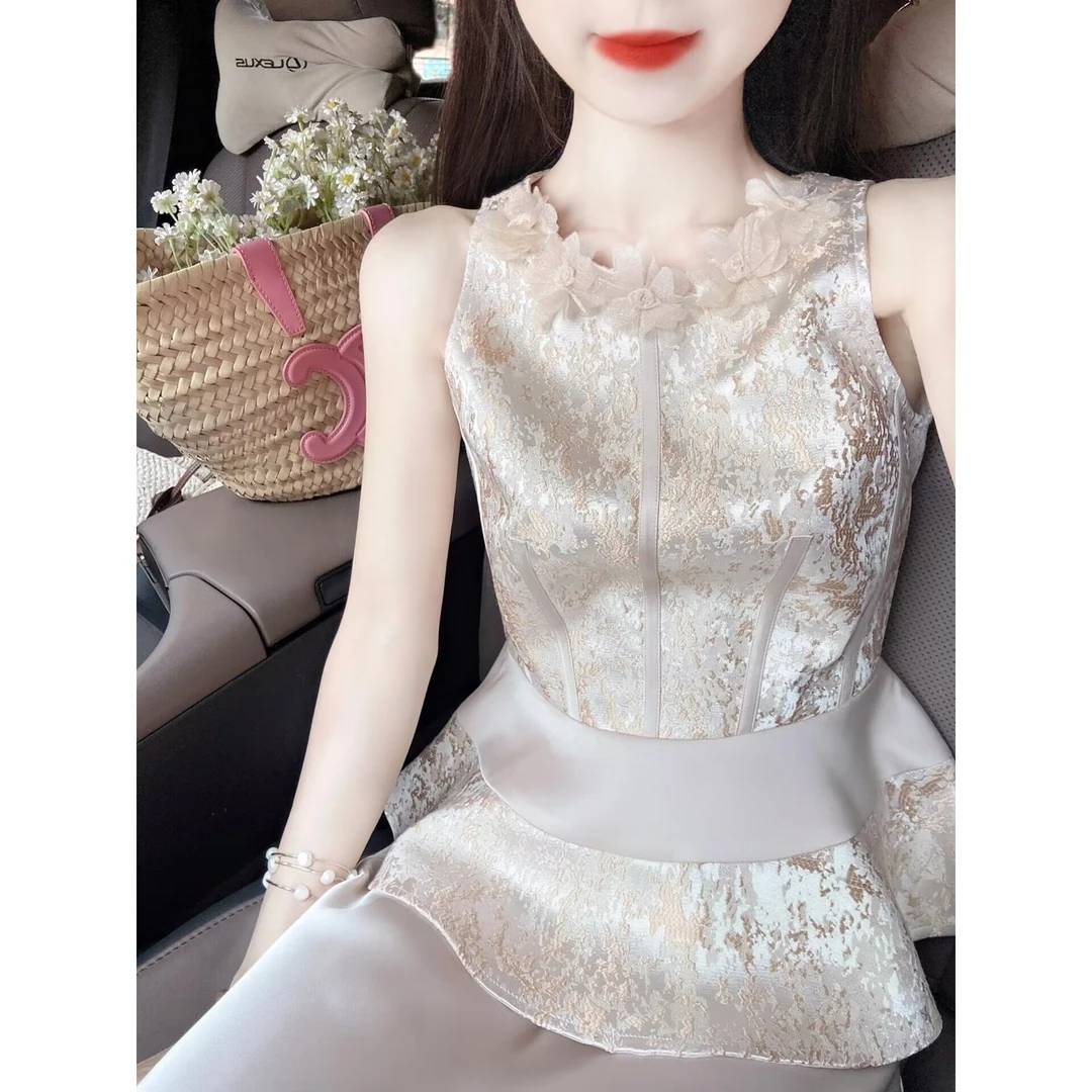 新中式国风收腰背心马甲套装女夏季新款中国风提花坎肩上衣两件套