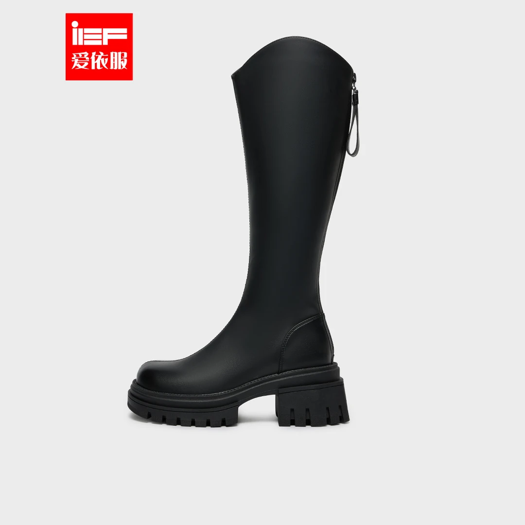 IEF/爱依服2025冬季新款粗跟圆头厚底长靴洋气百搭V口显瘦骑士靴