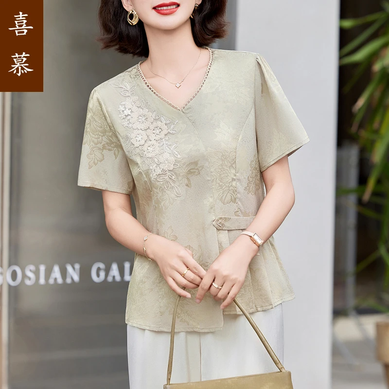 妈妈夏装短袖小衫洋气上衣2025新款中老年时尚女装T恤上衣