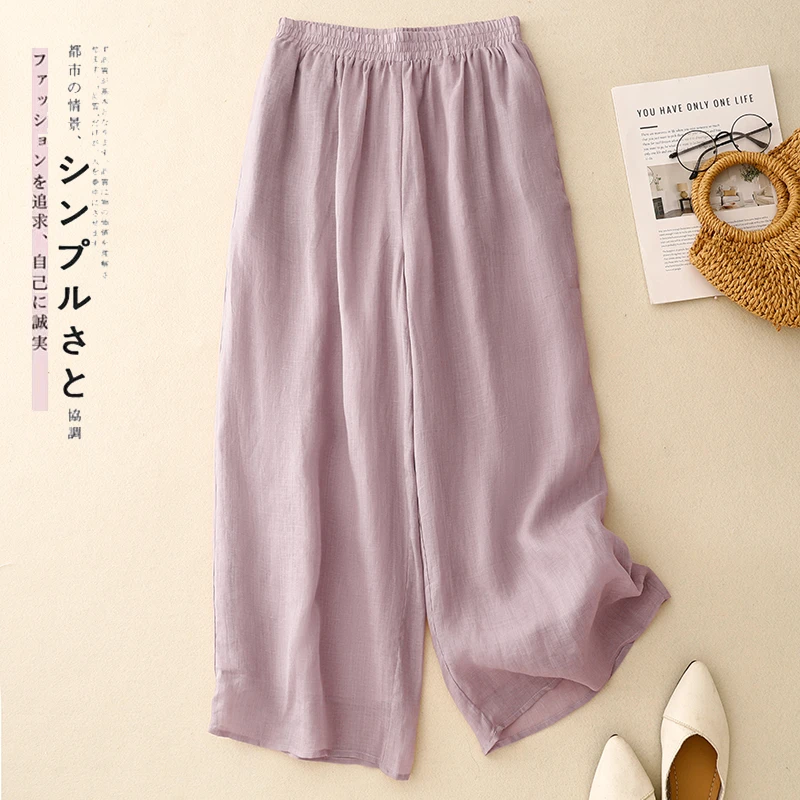 2025春夏时尚新款复古亚麻阔腿裤女通勤文艺百搭九分裤双层休闲裤