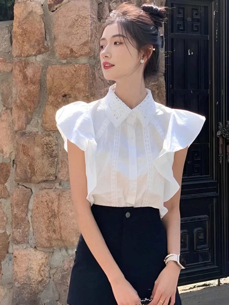 韩版设计感蕾丝拼接小飞袖衬衫女夏季法式时尚百搭减龄气质上衣女