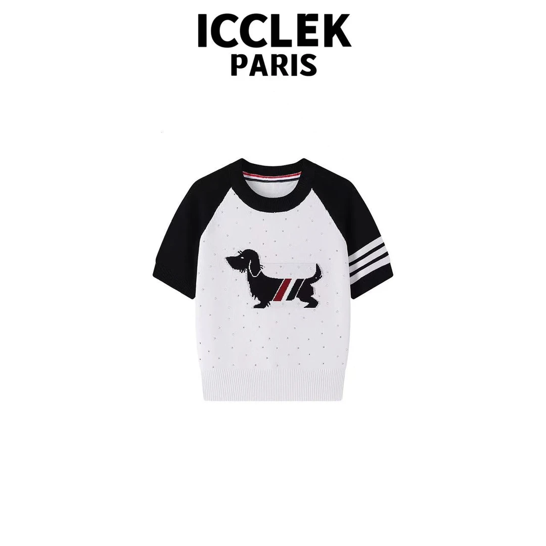 ICCLEK 白色圆领小狗烫钻套头短袖针织衫百搭时尚气质显瘦 -5184