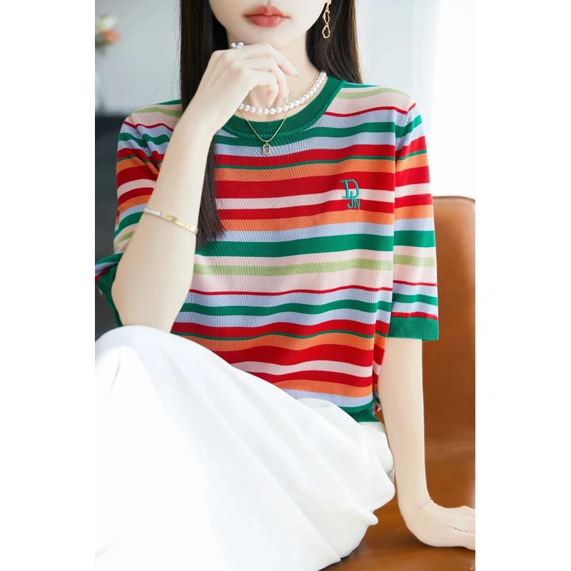 彩虹条纹冰凉感刺绣超弹显瘦彩色莱赛尔天丝针织小衫T恤女
