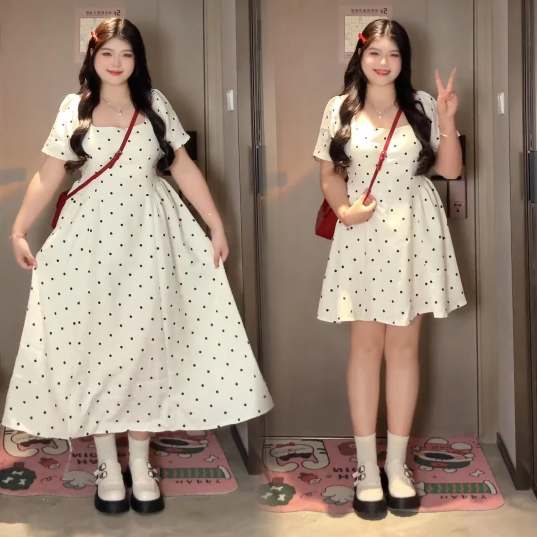 【运补6-8】大码女装 气质方领波点连衣裙收腰显瘦短款夏季女9327