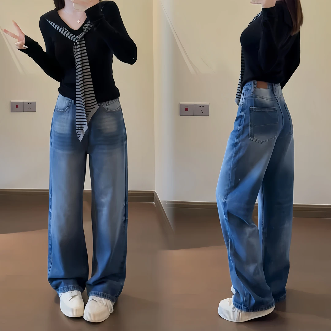小鱼故事 2025早秋新款高腰水洗直筒阔腿牛仔裤宽松显瘦拖地裤女