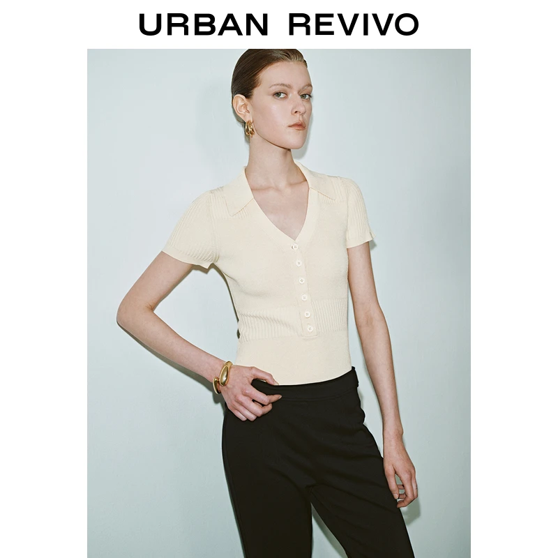 【超模同款】UR2025春季新款女装设计感拼接短袖针织衫UWG950071