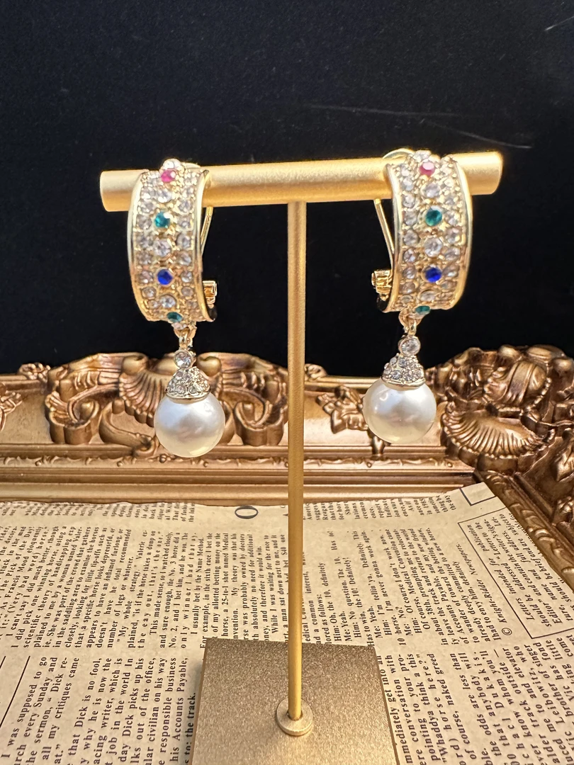 铜合金锆石项链 中古镀金金色水滴仿珍珠耳环 E0511