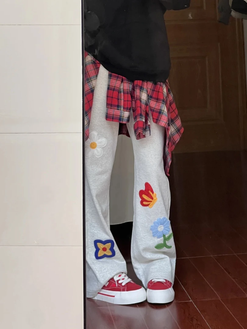 美式复古基础款花卉刺绣重磅垂感舒适直筒宽松卫裤休闲裤夏季运动