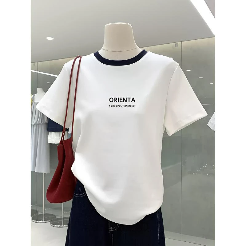 2025夏季新款正肩圆领拼色纯棉短袖时尚百搭白色t恤女高级感上衣