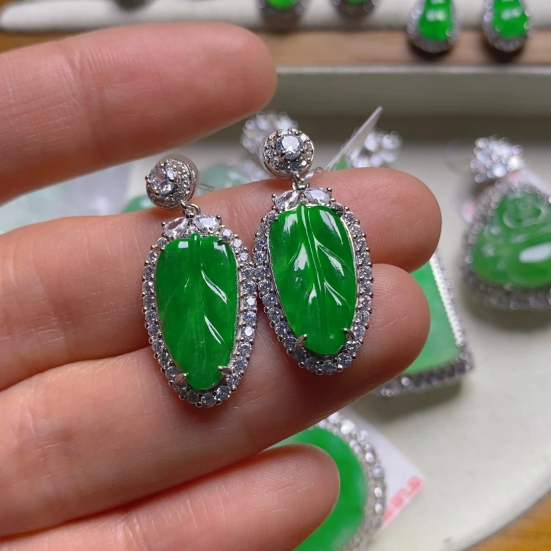翡翠颈饰银S925镶嵌树叶耳坠