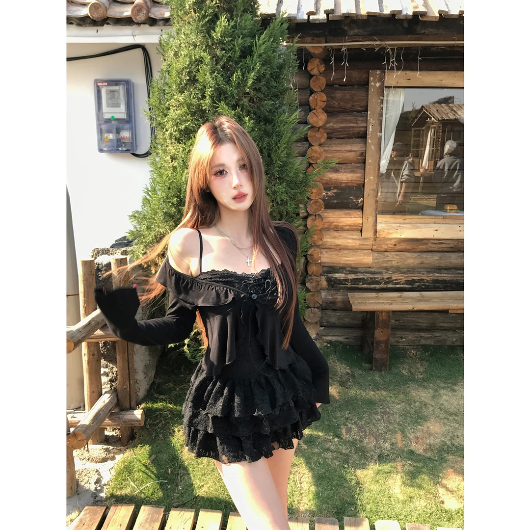 Mejiu蜜九【墨染成花】设计感紫色开衫吊带连衣裙女春季气质套装