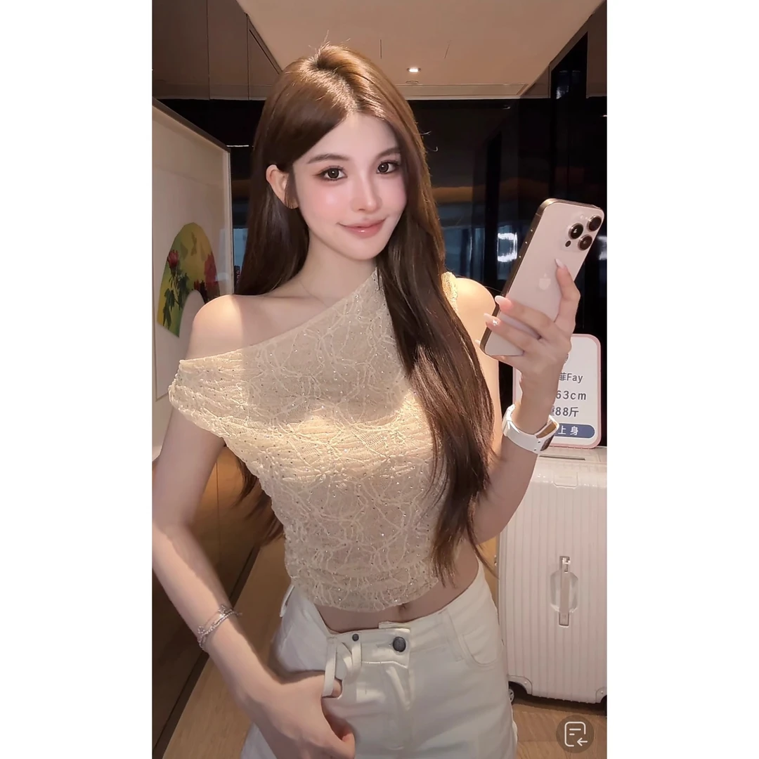 向晚·欧美风夏季烫钻饰网纱褶皱微透视斜肩背心上衣