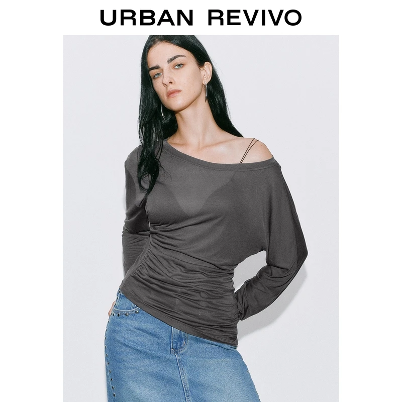 UR2026春季新款女装休闲时髦斜肩领褶皱长袖T恤UWG450171