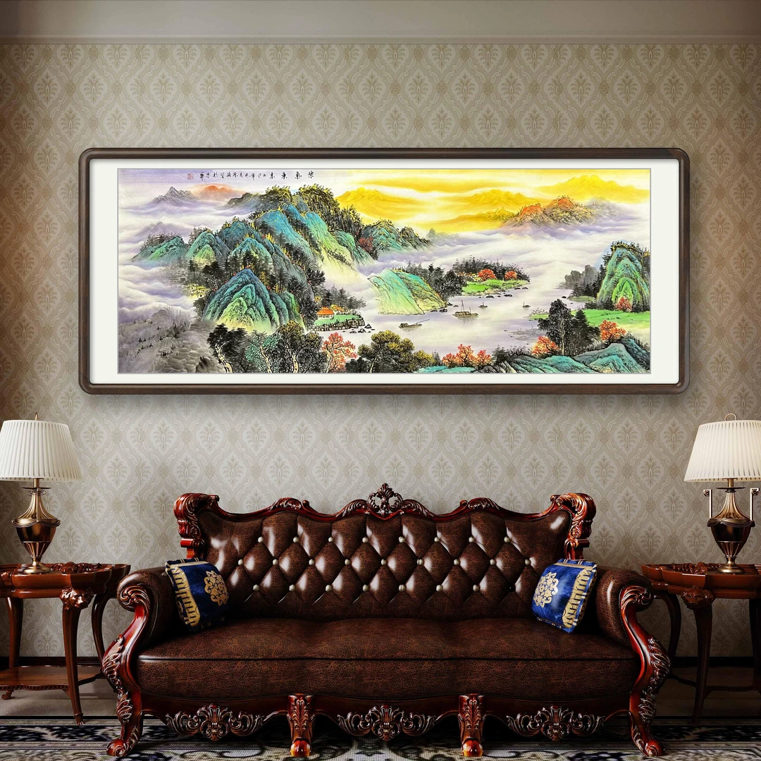 纯手绘《紫气东来》山水画宣纸国画客厅茶室办公室沙发背景墙挂画