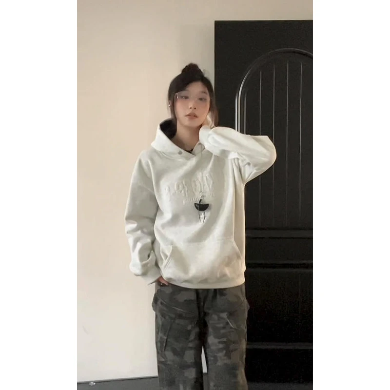 白灰色重磅钢印字母卫衣男秋季正肩舒适连帽衫情侣美式复古外套潮