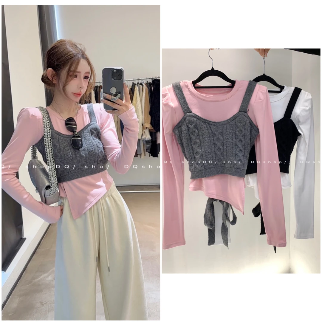 【 南韩麻豆】 开叉加绒T加针织背心套装