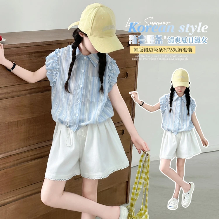 青少年女童亲子同款25年夏季新品条纹衬衫短裤套装夏日洋气韩版