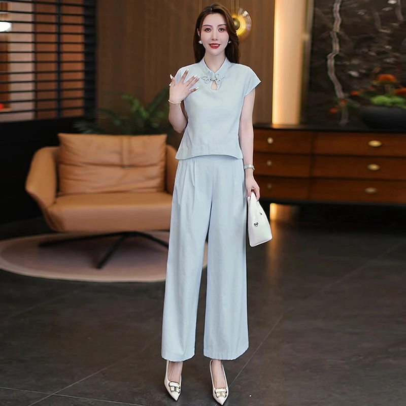 时尚套装女2025夏季新款新中式国风盘扣短袖上衣阔腿裤气质两件套