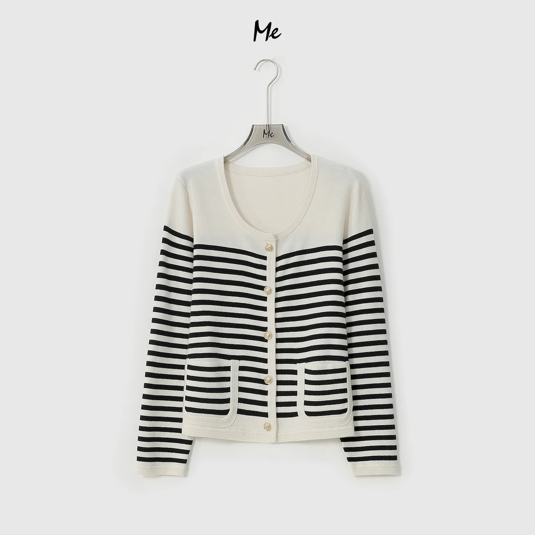 ME【小白羊条纹开衫】绵羊毛混纺亲肤百搭复古小香针织毛衣MESS0145