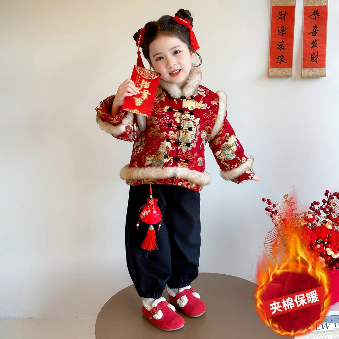 女童拜年服冬装新中式儿童唐装两件套加厚冬季中国风宝宝新年衣服