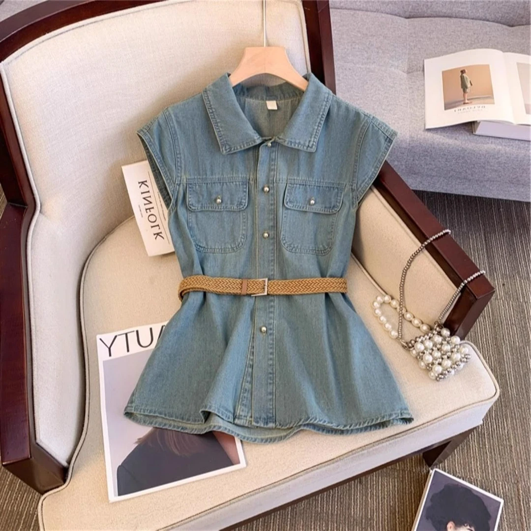 2025夏季新款港风复古牛仔马甲衬衫女港风中长款开衫外套无袖上衣
