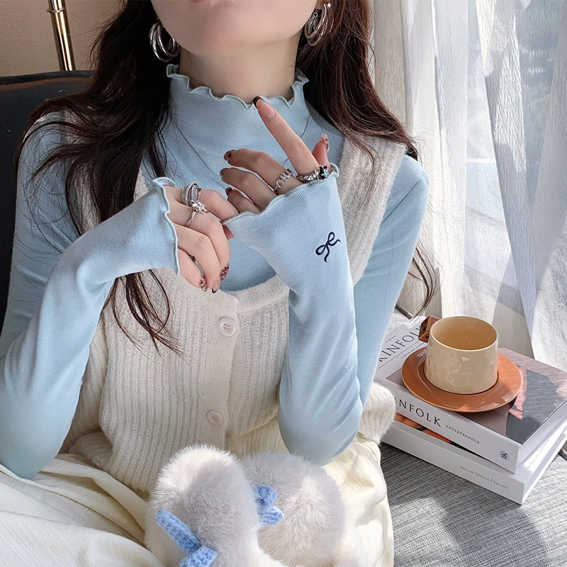 木耳边半高领打底衫女春秋冬内搭2025新款蓝色高级感新款潮牌女装