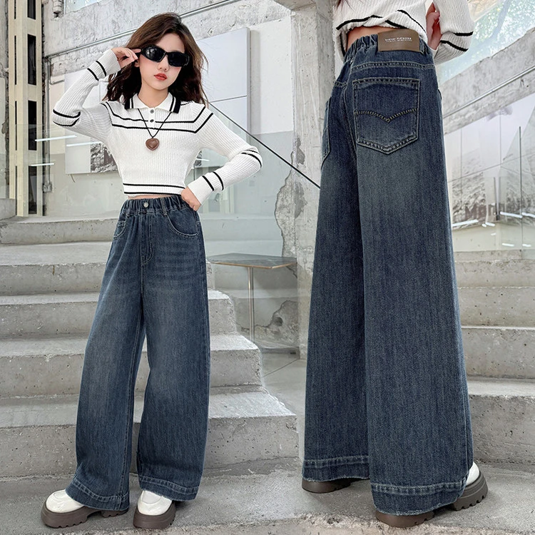 女童款裤子春秋季儿童女孩裤大童阔腿裤初中生直筒牛仔裤12-15岁