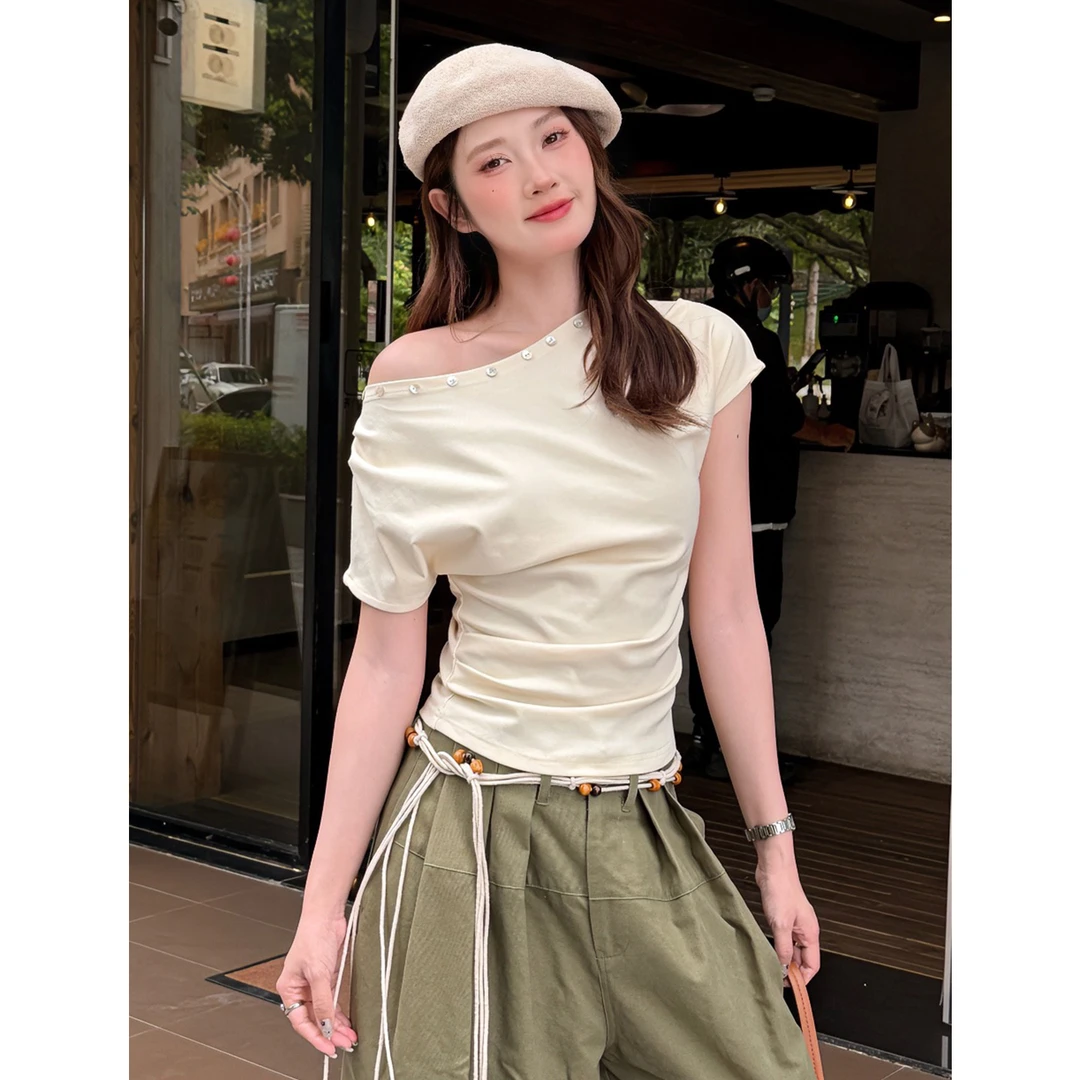 夏季三穿短袖修身显瘦斜肩T恤女气质百搭小众设计感拼接正肩上衣