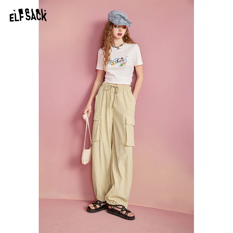 妖精的口袋休闲慵懒风工装裤2024夏薄款宽松显瘦运动裤子14210045