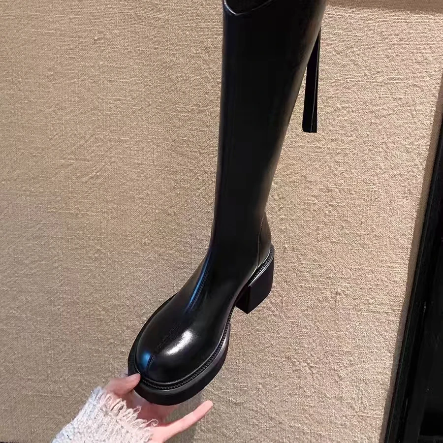 厚底长靴女高跟小个子棕色大筒围胖腿粗v口骑士靴5301-1B