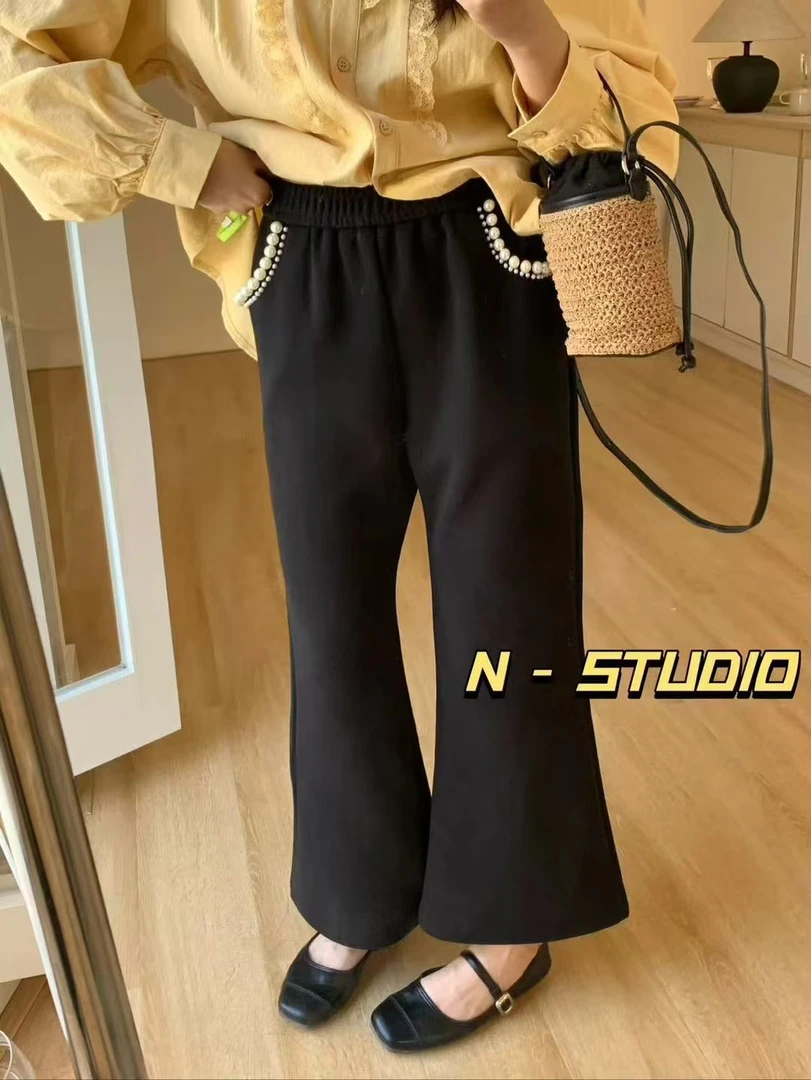 鑫鑫女装 早春新款百搭松紧腰珠珠微辣休闲裤