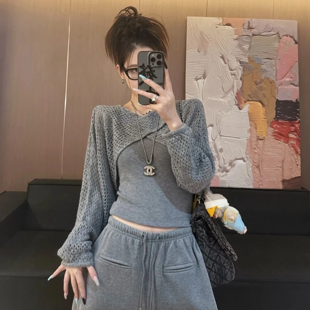 【LLU李】初秋新款两件套针织衫罩衫加背心简约百搭复古 LLU-812172